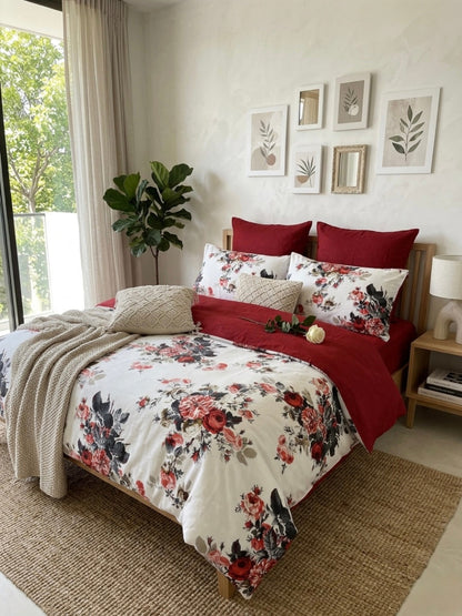 100% Turkish cotton red roses floral sateen bedding set — breathable and silky