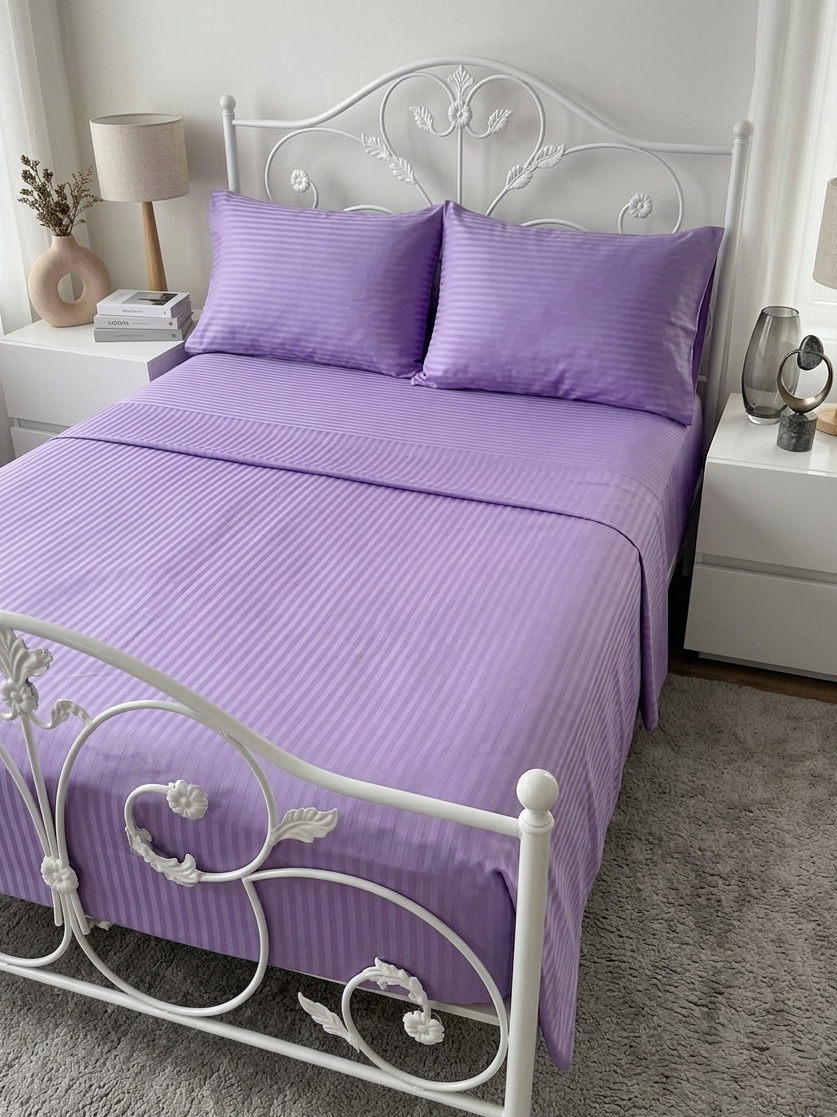 Lavender striped cotton sateen sheets with smooth silky texture and breathable weave.