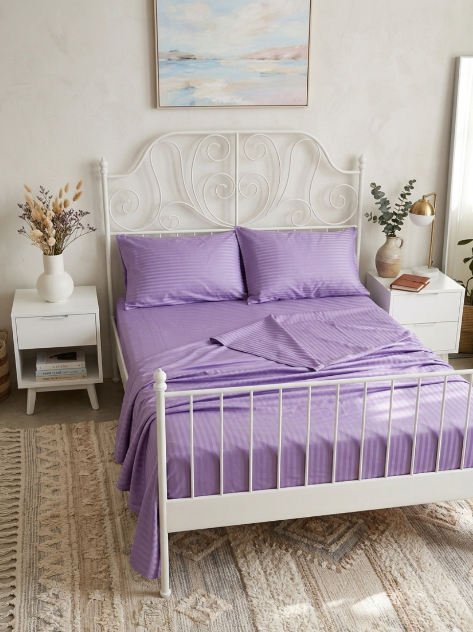 Lavender Stripe Sateen Sheets made from 100% cotton — silky soft, cooling and hypoallergenic