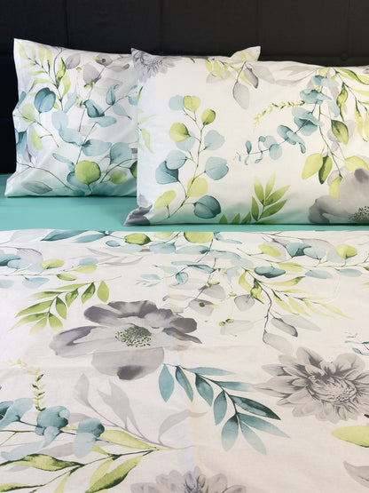 Grey floral cotton pillowcases with chrysanthemum print – soft and skin-friendly