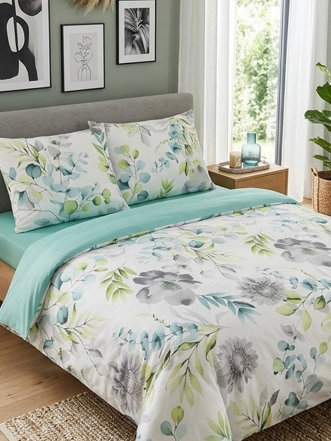 Grey chrysanthemum bedding set on a modern bed – 100% cotton, soft and breathable
