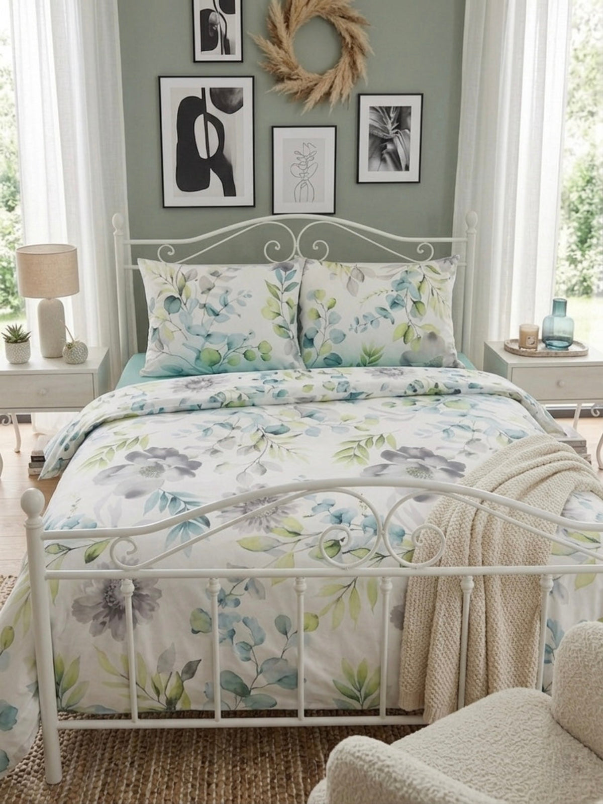 Grey chrysanthemum bedding set on a modern bed – 100% cotton, soft and breathable