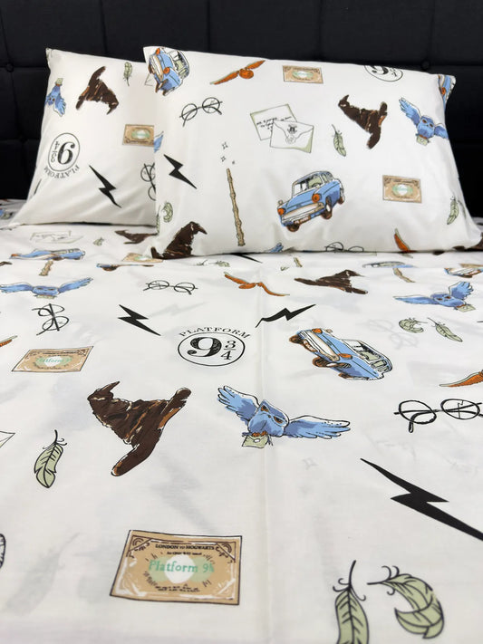Wizard print bedding set on bed – organic cotton ranforce, white background, magical design