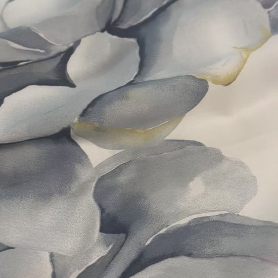 Beautiful gray peony floral bedding set displayed with a mustard-colored fitted sheet.