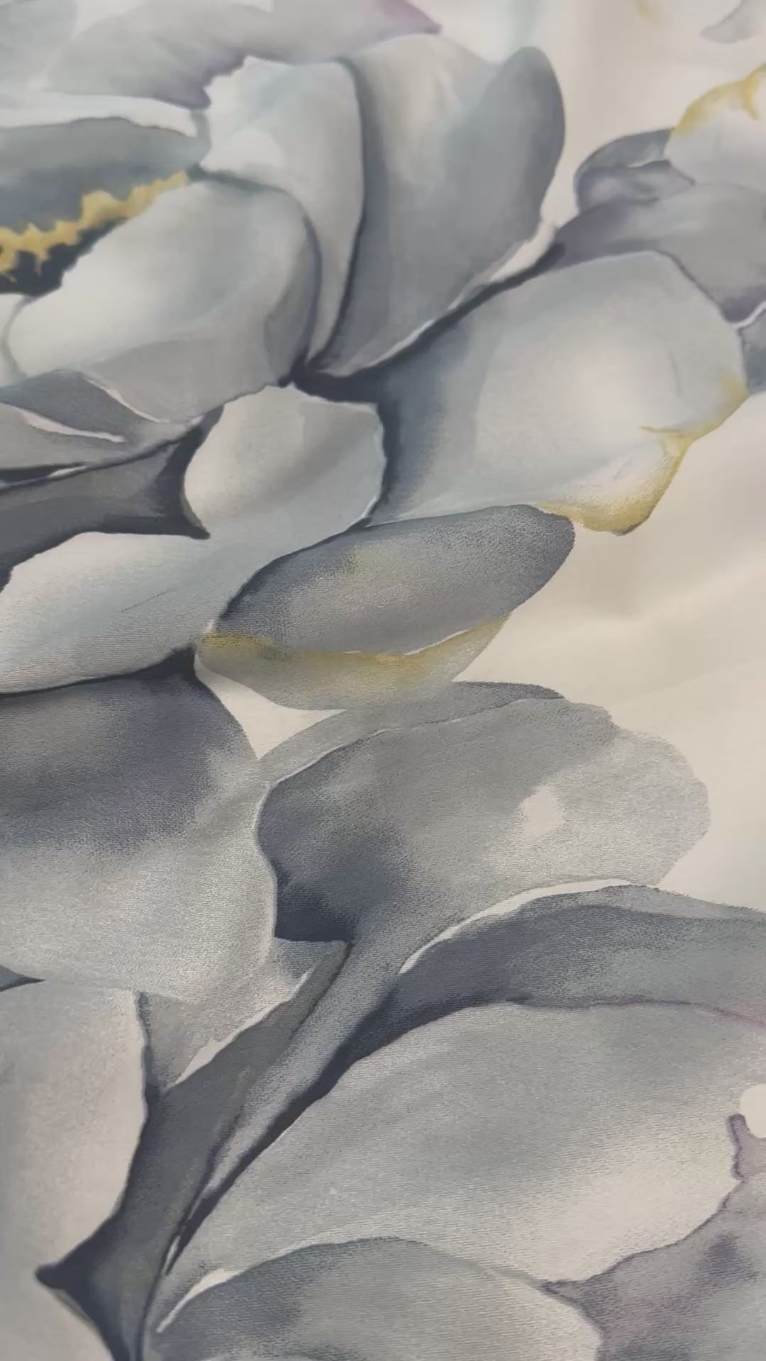 Beautiful gray peony floral bedding set displayed with a mustard-colored fitted sheet.