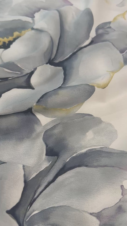 Beautiful gray peony floral bedding set displayed with a mustard-colored fitted sheet.
