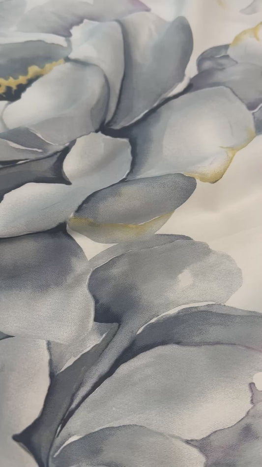 Beautiful gray peony floral bedding set displayed with a mustard-colored fitted sheet.